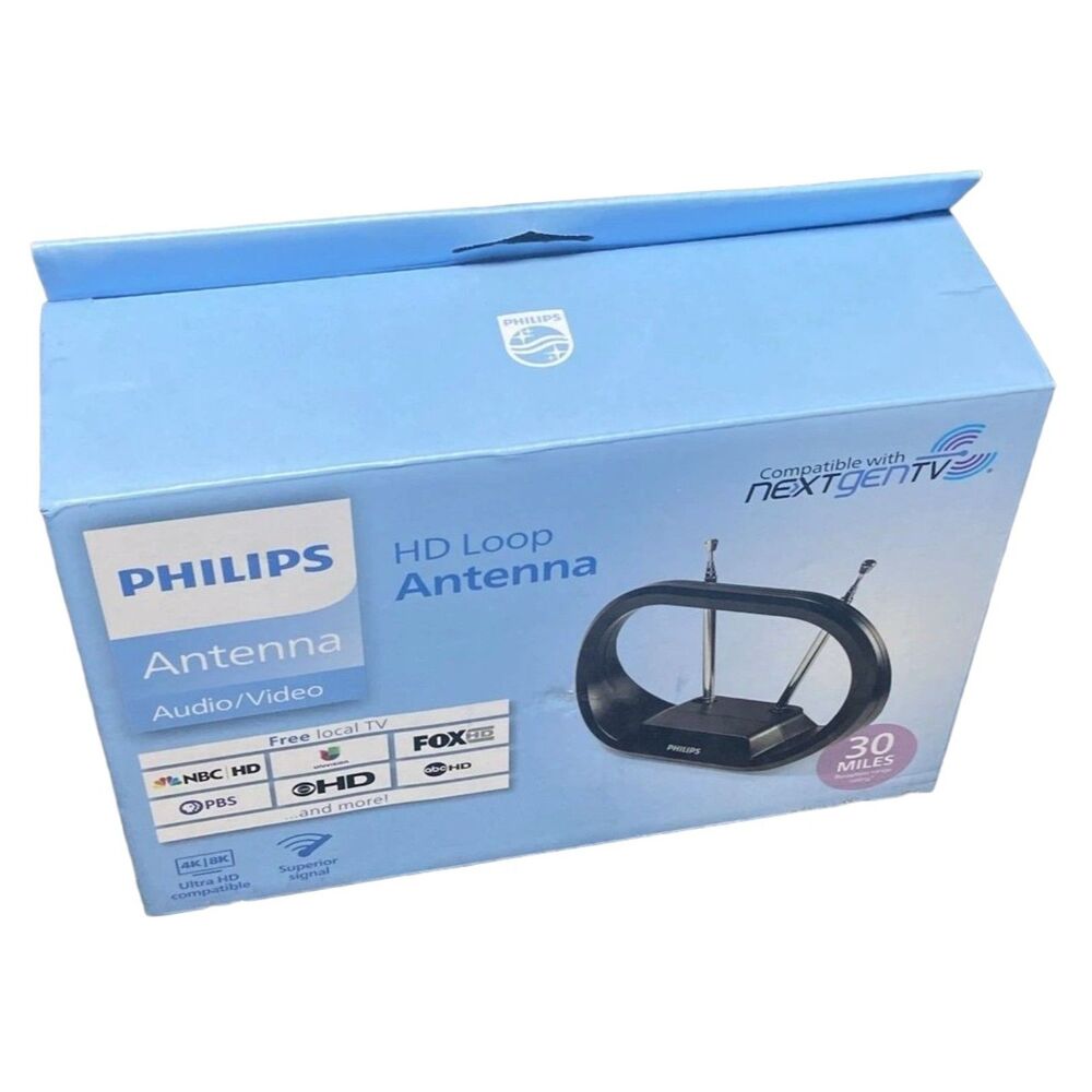 Philips 4K 8K TV Antenna Indoor VHF UHF HD Loop Passive Black NEW Fast Ship